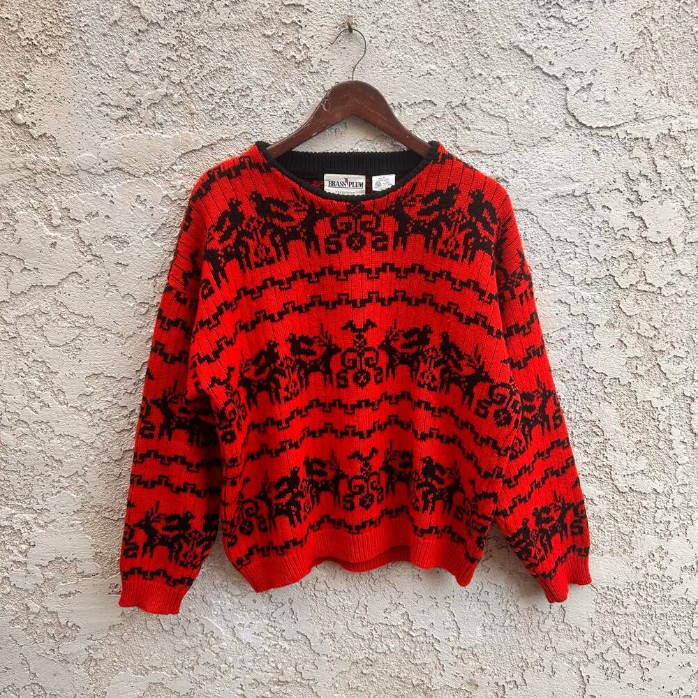 Vintage Brass Plum Nordstrom Shetland Wool Southwestern Sweater Red Black Size S